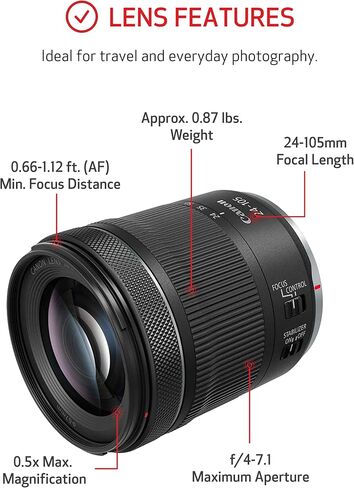 Canon EOS R RF24-105mm F4-7.1 IS STM Lens Kit, Vlogging and Content Creator Camera 4K UHD, Digital Single-Lens Non-Reflex AF/AE, 0.4 Magnification, Mirrorless and Full-Frame, Compact & Lightweight in Kuwait