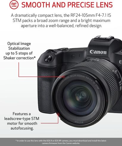 Canon EOS R RF24-105mm F4-7.1 IS STM Lens Kit, Vlogging and Content Creator Camera 4K UHD, Digital Single-Lens Non-Reflex AF/AE, 0.4 Magnification, Mirrorless and Full-Frame, Compact & Lightweight in Kuwait