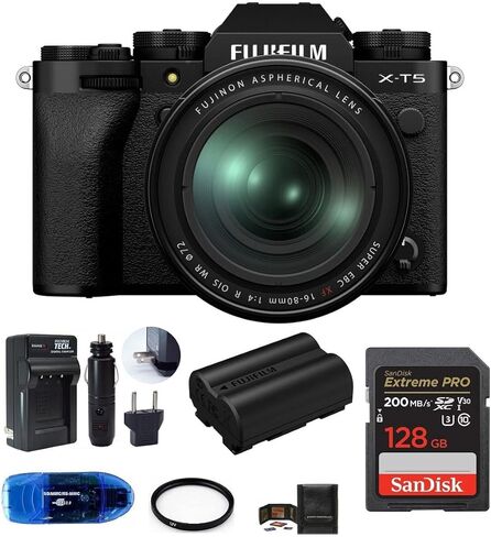 كاميرا Fujifilm X-T5 الرقمية بدون مرآة مع حزمة عدسة XF 16-80 مم f/4 R OIS WR، تتضمن: بطاقة ذاكرة SanDisk Extreme PRO SDXC بسعة 128 جيجابايت، بطارية Fujifilm NP-W235 الاحتياطية + المزيد (فضي) in Saudi Arabia