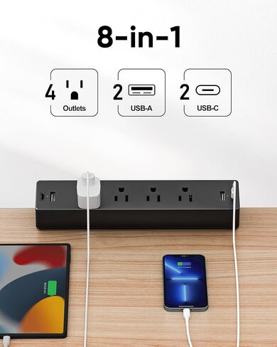 شريط طاقة بمشبك مكتب مع منافذ USB C، وواقي زيادة التيار 1080J مع سلك تمديد بطول 6 أقدام، وشريط طاقة مثبت على حافة المكتب مع 4 منافذ USB، يناسب حافة سطح الطاولة مقاس 1.7 بوصة. in Kuwait