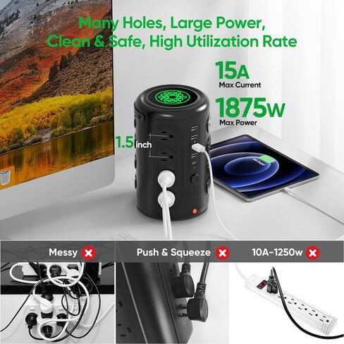 Power Strip Tower Surge Protector with 16 AC Multiple Outlets with 4 USB A Ports & 1 USB C Port and Night Light, 6.5ft Extension Cord with Multiple Outlets Charging Station Tower for Home Office in Saudi Arabia