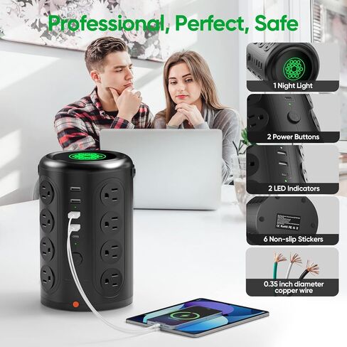 Power Strip Tower Surge Protector with 16 AC Multiple Outlets with 4 USB A Ports & 1 USB C Port and Night Light, 6.5ft Extension Cord with Multiple Outlets Charging Station Tower for Home Office in Saudi Arabia