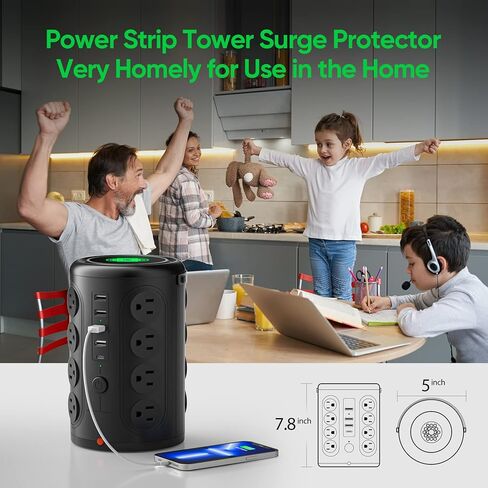 Power Strip Tower Surge Protector with 16 AC Multiple Outlets with 4 USB A Ports & 1 USB C Port and Night Light, 6.5ft Extension Cord with Multiple Outlets Charging Station Tower for Home Office in Saudi Arabia