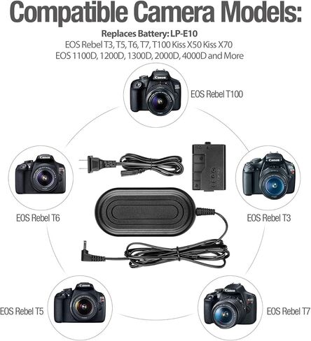 قطعتان من بطاريات LP-E10 + محول طاقة تيار متردد ACK-E10 لكاميرات Canon EOS Rebel T3 T5 T6 T7 T100 Kiss X50 X70 X80 X90 1100D 1200D 1300D 1500D 4000D (متوافقة بنسبة 100% مع الأصلي) in Kuwait