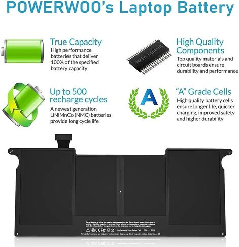 بطارية POWERWOO A1465، A1406 A1370 A1495 بطارية بديلة لأجهزة الكمبيوتر المحمول MacBook Air 11 بوصة (منتصف 2011 2012 2013 أوائل 2014 إصدار 2015) - أداء عالي [39Wh/7.6V/5100mAh] in Saudi Arabia