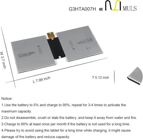MULS G3HTA003H Replacement Battery for Microsoft Surface 3 Gen Model 1645 Tablet G3HTA004H G3HTA007H Installation Tools 3.78V 7270mAh 27.5Wh in Saudi Arabia