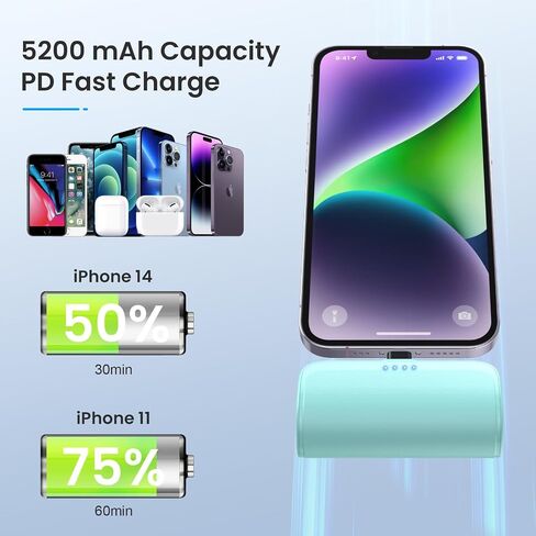 [2 Pack]Mini Portable Charger for iPhone 5200mAh,20W PD Fast Charging Power Bank for iPhone, Ultra-Compact Battery Pack Travel Portable Phone Charger Compatible with iPhone 14 13 12 11 X 8 7 6 Series in Saudi Arabia