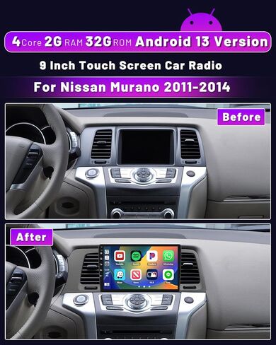 راديو السيارة Nissan Murano 2011-2014، 2G+32G Android 13 ستيريو مع Apple CarPlay Android Auto Mirror Link، Hikity 9 بوصة تعمل باللمس بلوتوث صوت السيارة مع WiFi HiFi in Kuwait