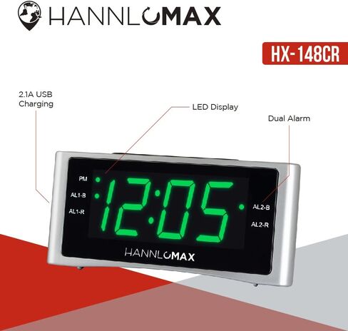 راديو منبه HANNLOMAX HX-148CR، راديو PLL FM، منبه مزدوج، شاشة LED خضراء 1.4 بوصة، منفذ USB لشحن 2.1 أمبير. in Saudi Arabia