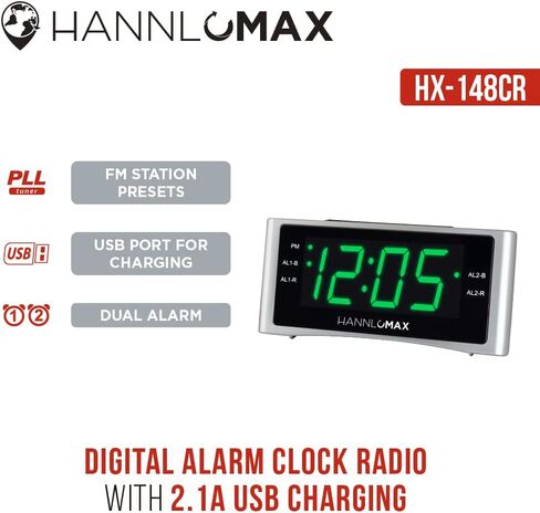 راديو منبه HANNLOMAX HX-148CR، راديو PLL FM، منبه مزدوج، شاشة LED خضراء 1.4 بوصة، منفذ USB لشحن 2.1 أمبير. in Saudi Arabia