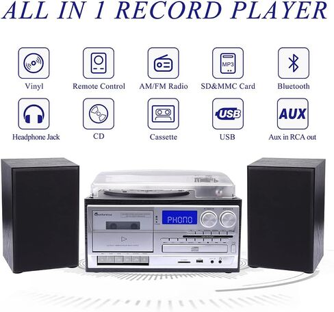 جارتنبفيز مشغل اقراص دوارة من الفينيل يعمل بالبلوتوث بـ3 سرعات مع مكبرات صوت ستيريو خارجية، مشغل اقراص سي دي وراديو ايه ام/اف ام ويو اس بي/اس دي وتشفير وتشغيل الفونوغراف in Kuwait