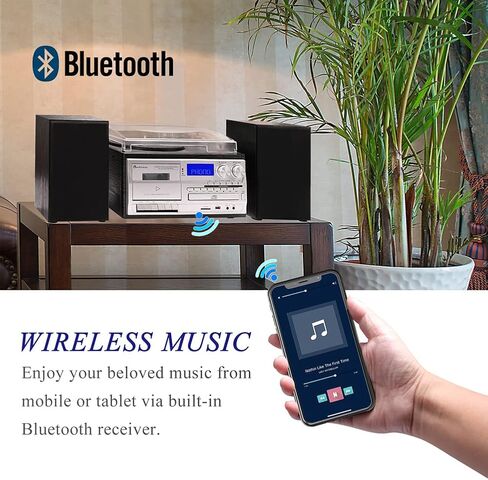 جارتنبفيز مشغل اقراص دوارة من الفينيل يعمل بالبلوتوث بـ3 سرعات مع مكبرات صوت ستيريو خارجية، مشغل اقراص سي دي وراديو ايه ام/اف ام ويو اس بي/اس دي وتشفير وتشغيل الفونوغراف in Kuwait