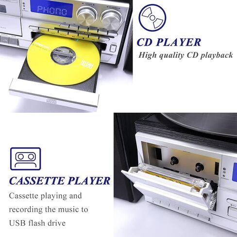 جارتنبفيز مشغل اقراص دوارة من الفينيل يعمل بالبلوتوث بـ3 سرعات مع مكبرات صوت ستيريو خارجية، مشغل اقراص سي دي وراديو ايه ام/اف ام ويو اس بي/اس دي وتشفير وتشغيل الفونوغراف in Kuwait