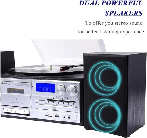جارتنبفيز مشغل اقراص دوارة من الفينيل يعمل بالبلوتوث بـ3 سرعات مع مكبرات صوت ستيريو خارجية، مشغل اقراص سي دي وراديو ايه ام/اف ام ويو اس بي/اس دي وتشفير وتشغيل الفونوغراف in Kuwait