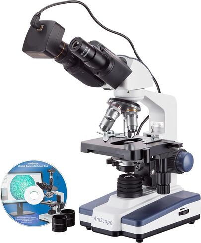 AmScope 40X-2500X LED Lab مجهر مركب ثنائي العينين مع مرحلة ثلاثية الأبعاد مع كاميرا USB3 بدقة 14 ميجابكسل in Kuwait