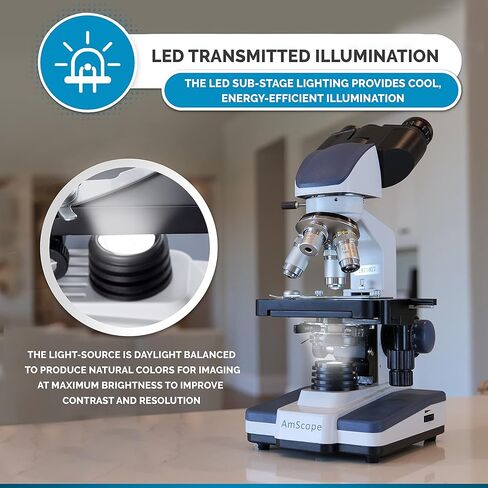 AmScope 40X-2500X LED Lab مجهر مركب ثنائي العينين مع مرحلة ثلاثية الأبعاد مع كاميرا USB3 بدقة 14 ميجابكسل in Kuwait