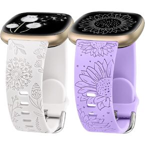 عبوتان من Minyee منقوشة بالزهور متوافقة مع Fitbit Versa 4/Versa 3/Sense 2/Sense Band للسيدات، تصميم لطيف من السيليكون الهندباء عباد الشمس، حزام صيفي فاخر رياضي ناعم لـ Versa 4 in Kuwait