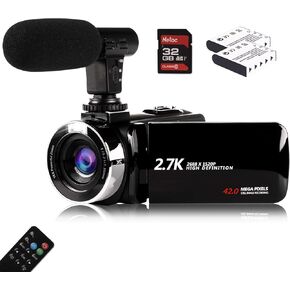 في موتال كاميرا فيديو مع ميكروفون، 2.7K HD 42.0 ميجابيكسل تكبير رقمي 18X 1080P مسجل فيديو يوتيوب، دوران 270 درجة شاشة 3.0 انش مع بطاريتين متضمنة بطاقة SD 32GB in Kuwait