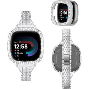 MOFREE Silm Band Compatible with Fitbit Versa 3/Fitbit Sense with Cute Screen Protector Case Women, Bling Jewelry Diamond Metal Strap Replacement Compatible for Fitbit Sense/Versa 3(Rose Gold) in Kuwait