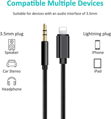 سلك Aux لهاتف iPhone، محول مقبس كابل صوت ذكر معتمد من Apple MFi إلى 3.5 مم متوافق مع iPhone 13/12/11/X/8/7/6/iPad/iPod لأجهزة ستريو المنزل في السيارة، وسماعة الرأس، ومكبر صوت 3.3FT (أسود) in Kuwait