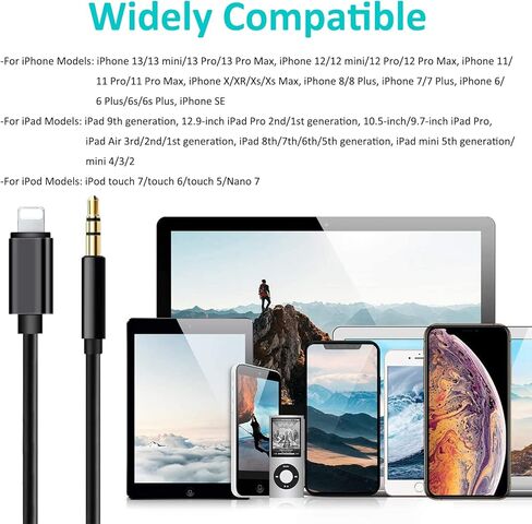 سلك Aux لهاتف iPhone، محول مقبس كابل صوت ذكر معتمد من Apple MFi إلى 3.5 مم متوافق مع iPhone 13/12/11/X/8/7/6/iPad/iPod لأجهزة ستريو المنزل في السيارة، وسماعة الرأس، ومكبر صوت 3.3FT (أسود) in Kuwait