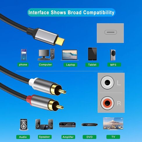 كابل صوت Ubramac USB من النوع C إلى 2 RCA، كابل صوت من النوع C إلى RCA 2RCA Jack USB-C، محول سلك RCA إلى مكبر الصوت لستيريو السيارة، الهاتف، الكمبيوتر اللوحي، المسرح المنزلي، مكبر الصوت، DVD، مكبر الصوت (2 متر/6.6 قدم) ) in Kuwait