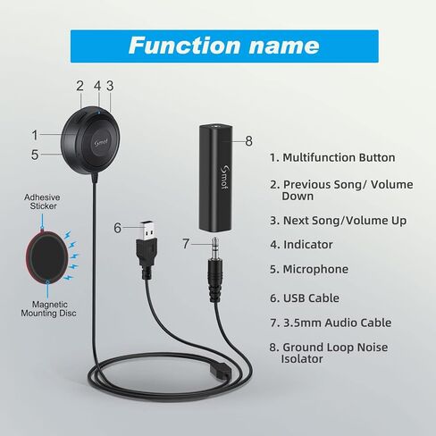 Smof Aux Bluetooth Adapter for Car, BT5.2 Audio Receiver, Hands-Free Calls | Wireless Audio Adapter with Dual Port USB Charger & Ground Loop Noise Isolator, Dual Connection in Kuwait