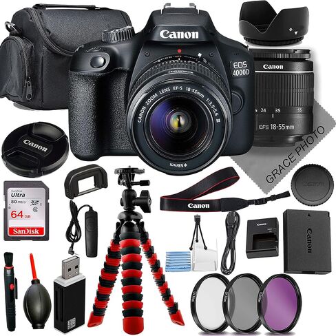 حزمة Canon EOS 4000D/Rebel T100: تتضمن عدسة مقاس 18-55 مم، وحامل ثلاثي قوي، وبطاقة ذاكرة سعة 64 جيجابايت، وحقيبة حمل متينة، ومجموعة مرشحات مكونة من 3 قطع، لمنشئي المحتوى in Saudi Arabia