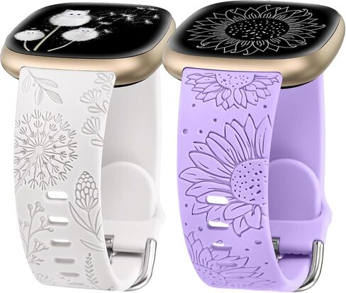 عبوتان من Minyee منقوشة بالزهور متوافقة مع Fitbit Versa 4/Versa 3/Sense 2/Sense Band للسيدات، تصميم لطيف من السيليكون الهندباء عباد الشمس، حزام صيفي فاخر رياضي ناعم لـ Versa 4 in Kuwait