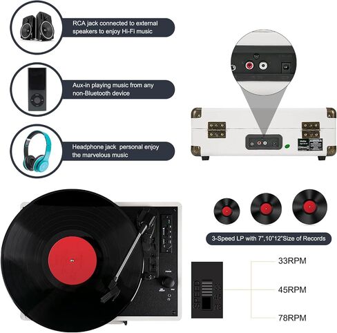 Record Player for Vinyl with Built-in Speakers Bluetooth Output,3 Speed Belt-Driven Phonograph Retro Turntable Player, Portable Vintage Suitcase LP Player USB Recording, Includes 2 Extra Stylus in Kuwait