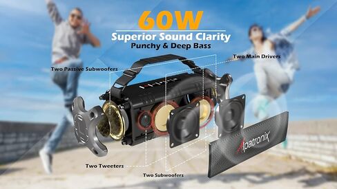 مكبر صوت بلوتوث ألباترونيكس 60 وات (80 وات كحد أقصى)، IPX6 مقاوم للماء، محمول، لاسلكي، بنك طاقة 8000 مللي أمبير في الساعة، غير يدوي، مقاوم للصدمات، TWS، DSP، ستيريو، مضخم صوت، بطاقة TF، NFC، AX500، داخلي وخارجي - أسود in Kuwait