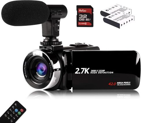 في موتال كاميرا فيديو مع ميكروفون، 2.7K HD 42.0 ميجابيكسل تكبير رقمي 18X 1080P مسجل فيديو يوتيوب، دوران 270 درجة شاشة 3.0 انش مع بطاريتين متضمنة بطاقة SD 32GB in Kuwait