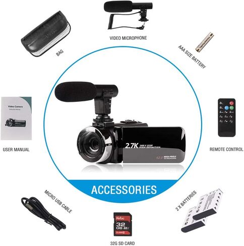 في موتال كاميرا فيديو مع ميكروفون، 2.7K HD 42.0 ميجابيكسل تكبير رقمي 18X 1080P مسجل فيديو يوتيوب، دوران 270 درجة شاشة 3.0 انش مع بطاريتين متضمنة بطاقة SD 32GB in Kuwait