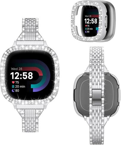 MOFREE متوافق مع Fitbit Versa 4 Bands/Fitbit Sense 2 Bands للنساء مع غطاء حماية من الصدمات الصلبة، سوار معصم معدني من حجر الراين الماسي من Dressy Jewelry لـ Fitbit Versa 4/Sense 2 (ملون جديد) in Kuwait