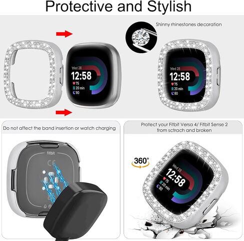 MOFREE متوافق مع Fitbit Versa 4 Bands/Fitbit Sense 2 Bands للنساء مع غطاء حماية من الصدمات الصلبة، سوار معصم معدني من حجر الراين الماسي من Dressy Jewelry لـ Fitbit Versa 4/Sense 2 (ملون جديد) in Kuwait