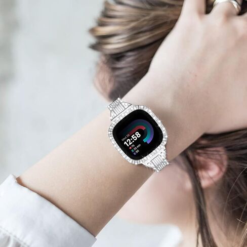 MOFREE متوافق مع Fitbit Versa 4 Bands/Fitbit Sense 2 Bands للنساء مع غطاء حماية من الصدمات الصلبة، سوار معصم معدني من حجر الراين الماسي من Dressy Jewelry لـ Fitbit Versa 4/Sense 2 (ملون جديد) in Kuwait