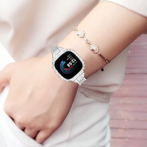 MOFREE متوافق مع Fitbit Versa 4 Bands/Fitbit Sense 2 Bands للنساء مع غطاء حماية من الصدمات الصلبة، سوار معصم معدني من حجر الراين الماسي من Dressy Jewelry لـ Fitbit Versa 4/Sense 2 (ملون جديد) in Kuwait