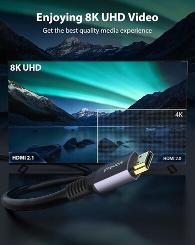 Stouchi 8K HDMI 2.1 Cable 8ft (2-Pack) 48Gbps 4K@120Hz | Ultra High Speed | eARC | Reduce Screen Tearing & Lag | Triple-tin Shielding | 30AWG Copper Wire | Nylon Braided in Kuwait