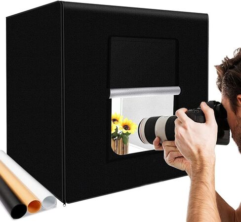صندوق إضاءة استوديو الصور الفوتوغرافية مقاس 24 × 24 × 24 بوصة خيام تصوير احترافية قابلة للتعتيم 192 قطعة من مصابيح LED 5500K طقم صندوق إضاءة للصندوق الأبيض لإضاءة التصوير الفوتوغرافي مع 3 خلفيات PVC وحامل ثلاثي القوائم صغير in Kuwait