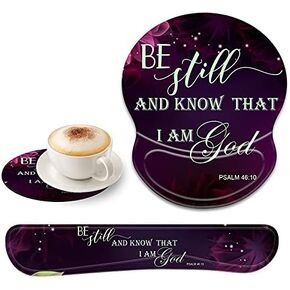 Ergonomic Gel Mouse Wrist Rest Pad and Keyboard Pad Set,Anti-Slip PU Bottom Easy Typing and Relieve Wrist Pain with Cute Coaster Set (3-Quote Bible Verses Psalm 46:10)