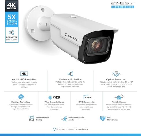 امكرست كاميرا IP بتكبير بصري 4K، كاميرا مراقبة خارجية متغيرة البؤرة 8MP POE، عدسة 2.7 ملم ~ 13.5 ملم، مقاومة للطقس IP67، تسجيل MicroSD، (IP8M-VB2796EW) in Kuwait