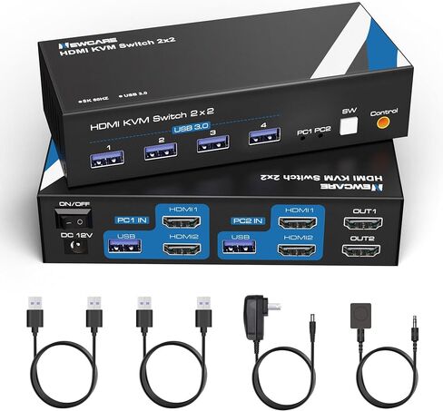 NEWCARE 4K@60Hz KVM Switch HDMI 2 Port, KVM Switch for 2PCs Share One HD Monitor 4 USB 3.0 Port Keyboard Mouse, HDMI KVM Switch 2x1 Support Desktop Controller, 2 USB Cable Included in Saudi Arabia