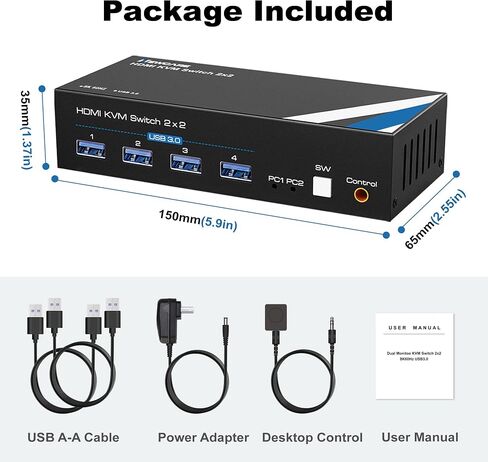 NEWCARE 4K@60Hz KVM Switch HDMI 2 Port, KVM Switch for 2PCs Share One HD Monitor 4 USB 3.0 Port Keyboard Mouse, HDMI KVM Switch 2x1 Support Desktop Controller, 2 USB Cable Included in Saudi Arabia