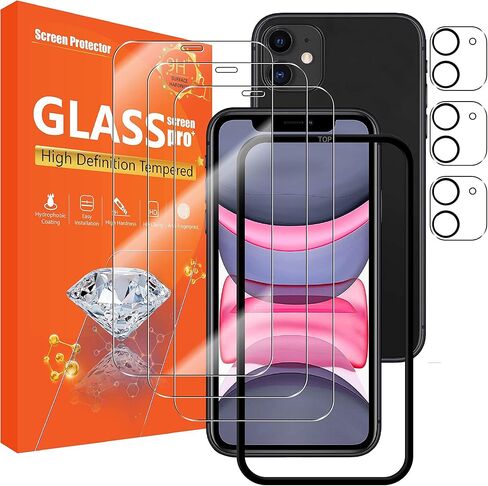 seninhi [3+3 عبوات] لهاتف Apple iphone 11 (6.1 بوصة) واقي شاشة 3 عبوات + واقي عدسة الكاميرا 3 عبوات، واقي شاشة من الزجاج المقسى iphone11 [مع إطار سهل التركيب] [صلابة 9H] [مضاد للخدش] [خالٍ من الفقاعات] - شفاف in Kuwait