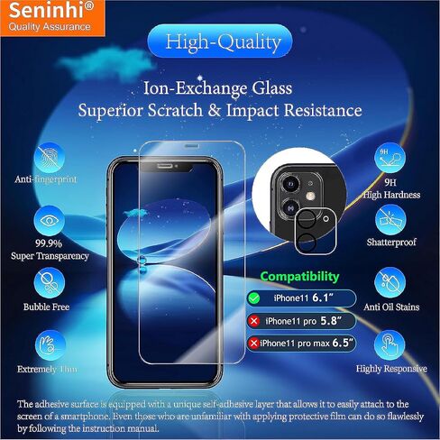 seninhi [3+3 عبوات] لهاتف Apple iphone 11 (6.1 بوصة) واقي شاشة 3 عبوات + واقي عدسة الكاميرا 3 عبوات، واقي شاشة من الزجاج المقسى iphone11 [مع إطار سهل التركيب] [صلابة 9H] [مضاد للخدش] [خالٍ من الفقاعات] - شفاف in Kuwait