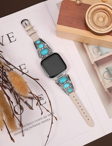 Minyee Leather Band Compatible with Fitbit Versa 2 Band/Versa Lite/Versa Band, Turquoise Watch Bands for Women, Vintage Bohemian Ethnic Antique Jewelry Style Strap for Versa 2 in Kuwait