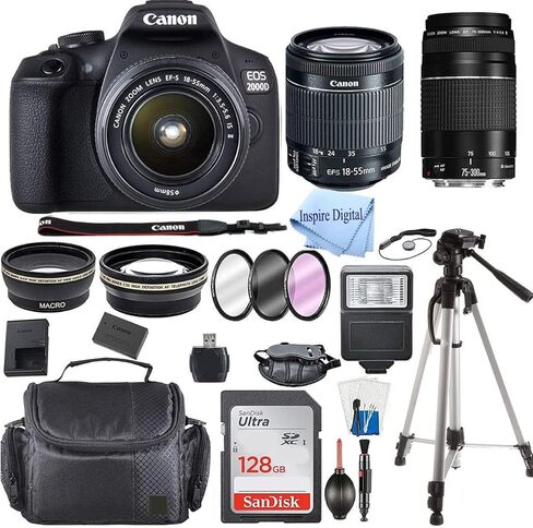 كاميرا EOS 2000D / Rebel T7 DSLR مع عدسة EF-S 18-55mm + عدسة Daul EF 75-300mm + بطاقة ذاكرة SanDisk سعة 128 جيجابايت + حامل ثلاثي القوائم + حافظة + عدسات واسعة الزاوية + حزمة الملحقات الرقمية Inspire (حزمة مكونة من 21 قطعة) (متجددة) in Kuwait