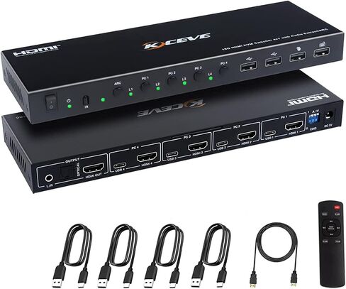 محول HDMI KVM 4 منافذ 4K@60 هرتز، محول MLEEDA KVM مع وظيفة الصوت وARC، 4 أجهزة كمبيوتر تشارك مجموعة واحدة من شاشة ماوس Keyborad و4 أجهزة USB، مع مفتاح Hotkey وجهاز تحكم عن بعد in Kuwait