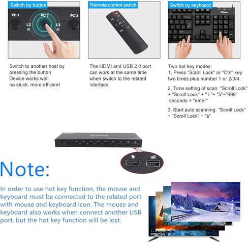 محول HDMI KVM 4 منافذ 4K@60 هرتز، محول MLEEDA KVM مع وظيفة الصوت وARC، 4 أجهزة كمبيوتر تشارك مجموعة واحدة من شاشة ماوس Keyborad و4 أجهزة USB، مع مفتاح Hotkey وجهاز تحكم عن بعد in Kuwait