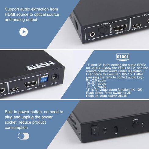 محول HDMI KVM 4 منافذ 4K@60 هرتز، محول MLEEDA KVM مع وظيفة الصوت وARC، 4 أجهزة كمبيوتر تشارك مجموعة واحدة من شاشة ماوس Keyborad و4 أجهزة USB، مع مفتاح Hotkey وجهاز تحكم عن بعد in Kuwait